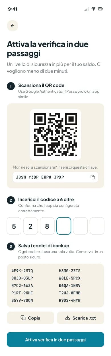 Schermata di attivazione della verifica in due passaggi con QR code e codici di backup