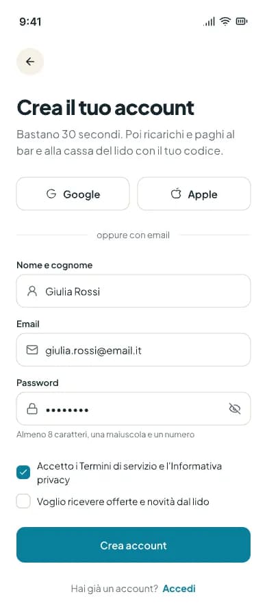 Schermata Crea il tuo account con nome, email, password e consenso ai termini