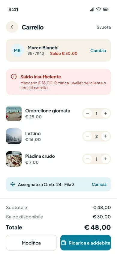 Carrello su telefono con l'avviso Saldo insufficiente e i pulsanti Modifica e Ricarica e addebita