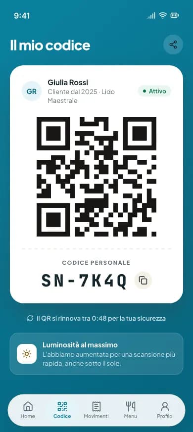 Schermata Il mio codice con codice SN e QR code