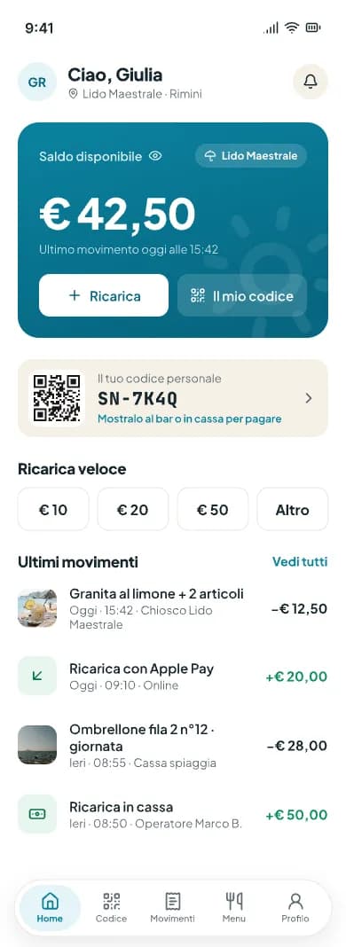 Home del wallet con saldo disponibile, codice personale, ricarica veloce e ultimi movimenti