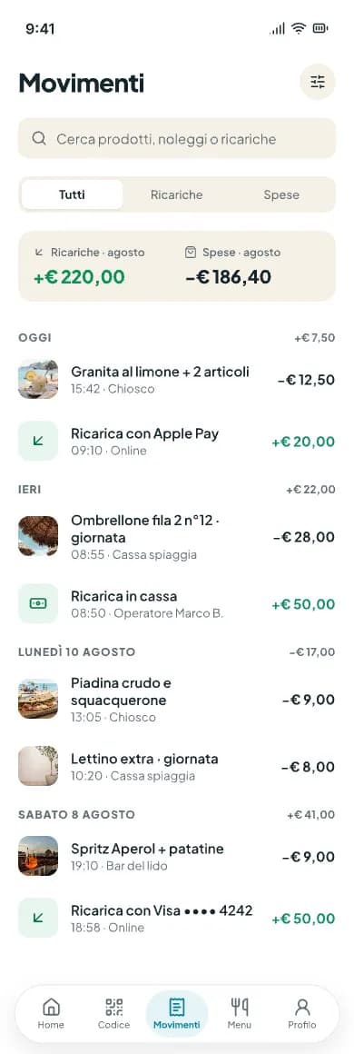 Elenco dei movimenti con filtri, ricerca e totali del mese