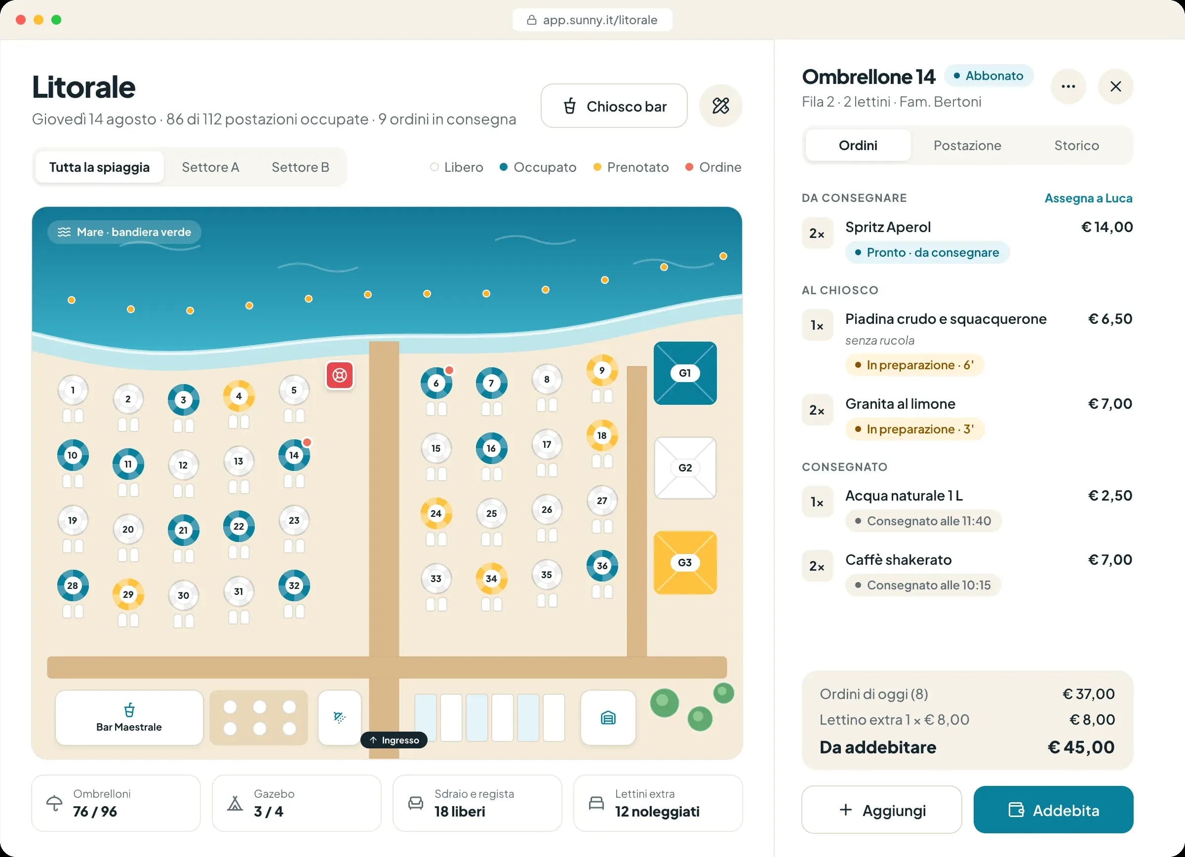 Il Litorale di Sunny: la mappa della spiaggia con ombrelloni liberi, occupati e prenotati e la comanda dell'Ombrellone 14