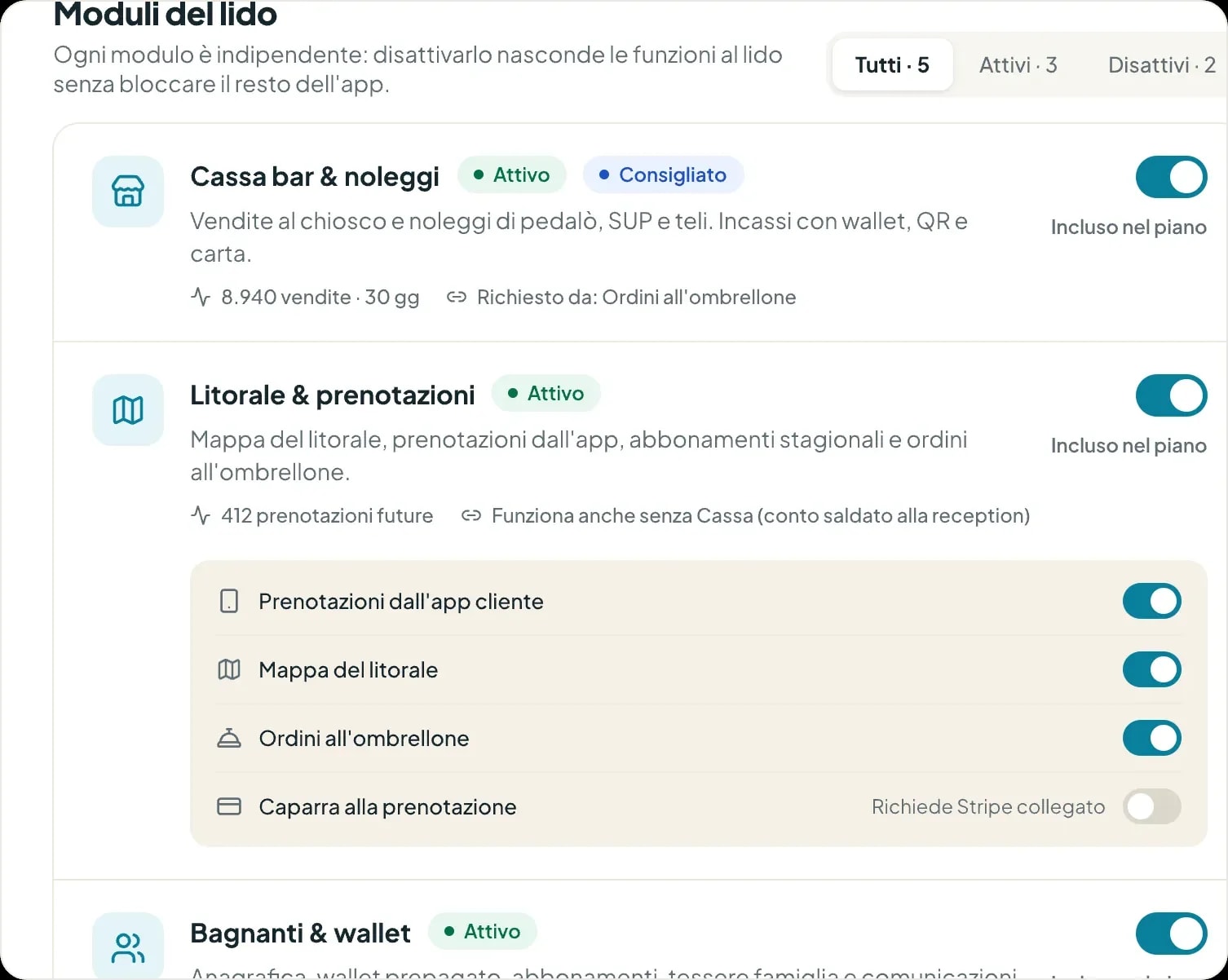 Moduli del lido: Cassa, Litorale + Prenotazioni e Wallet e Clienti attivati con un interruttore