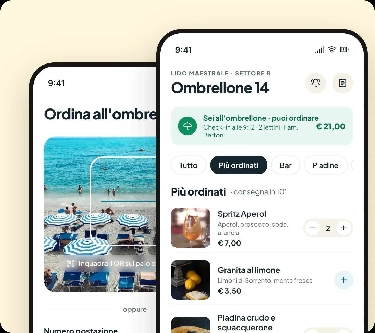 L'app del bagnante: collega l'ombrellone con il QR e ordina dal menu del chiosco
