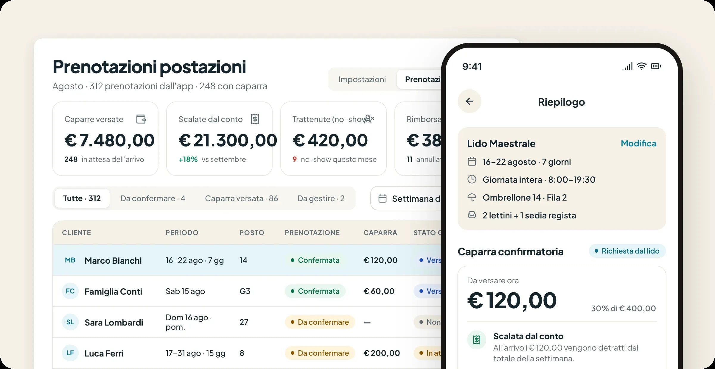 Prenotazioni postazioni nella console di Sunny e il riepilogo con caparra nell'app del bagnante