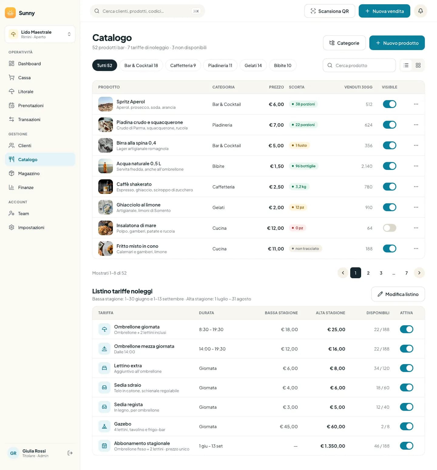 Schermata Catalogo su desktop con elenco prodotti e listino tariffe noleggi