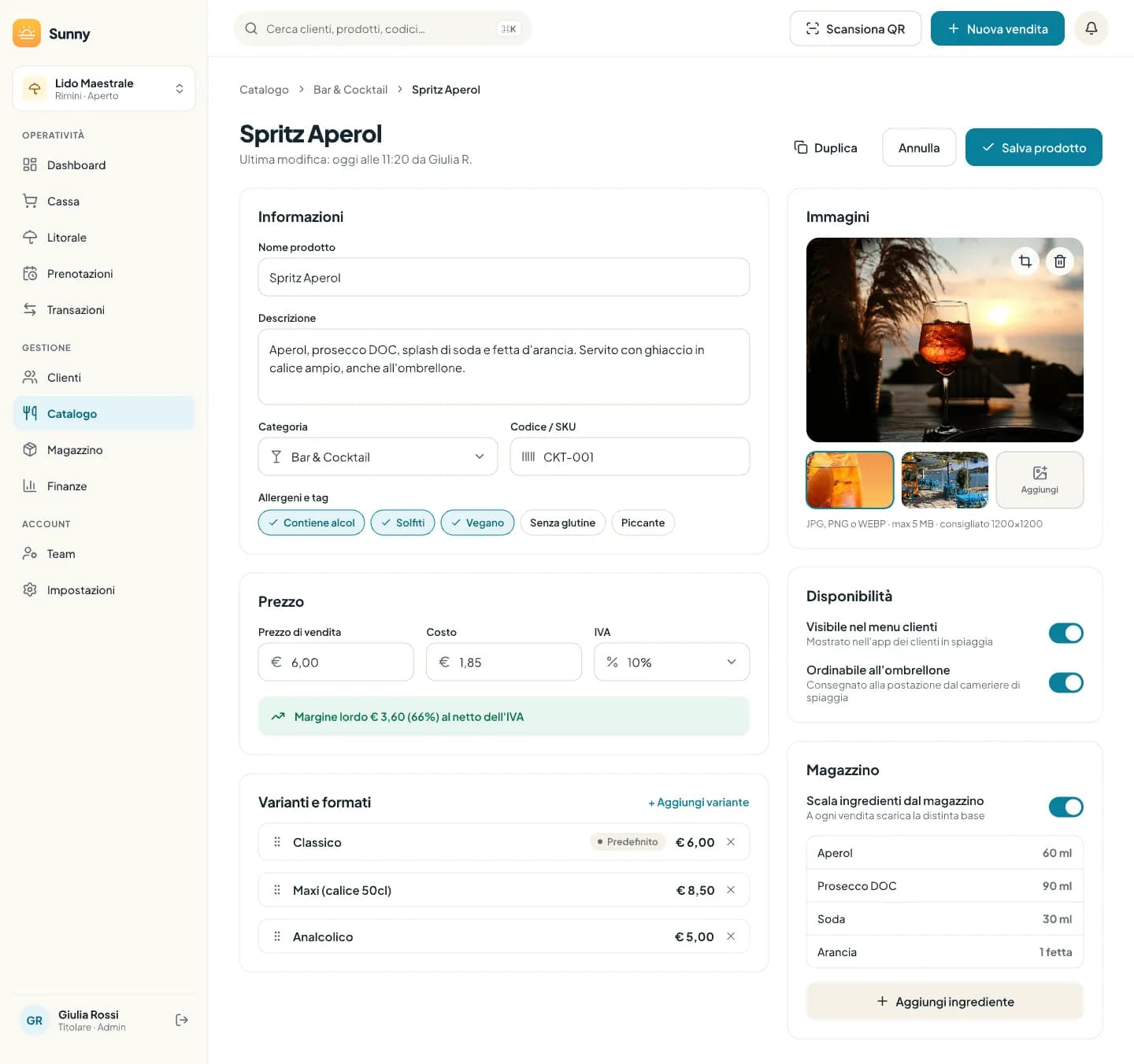 Editor del prodotto con informazioni, prezzo, varianti, immagini e disponibilità