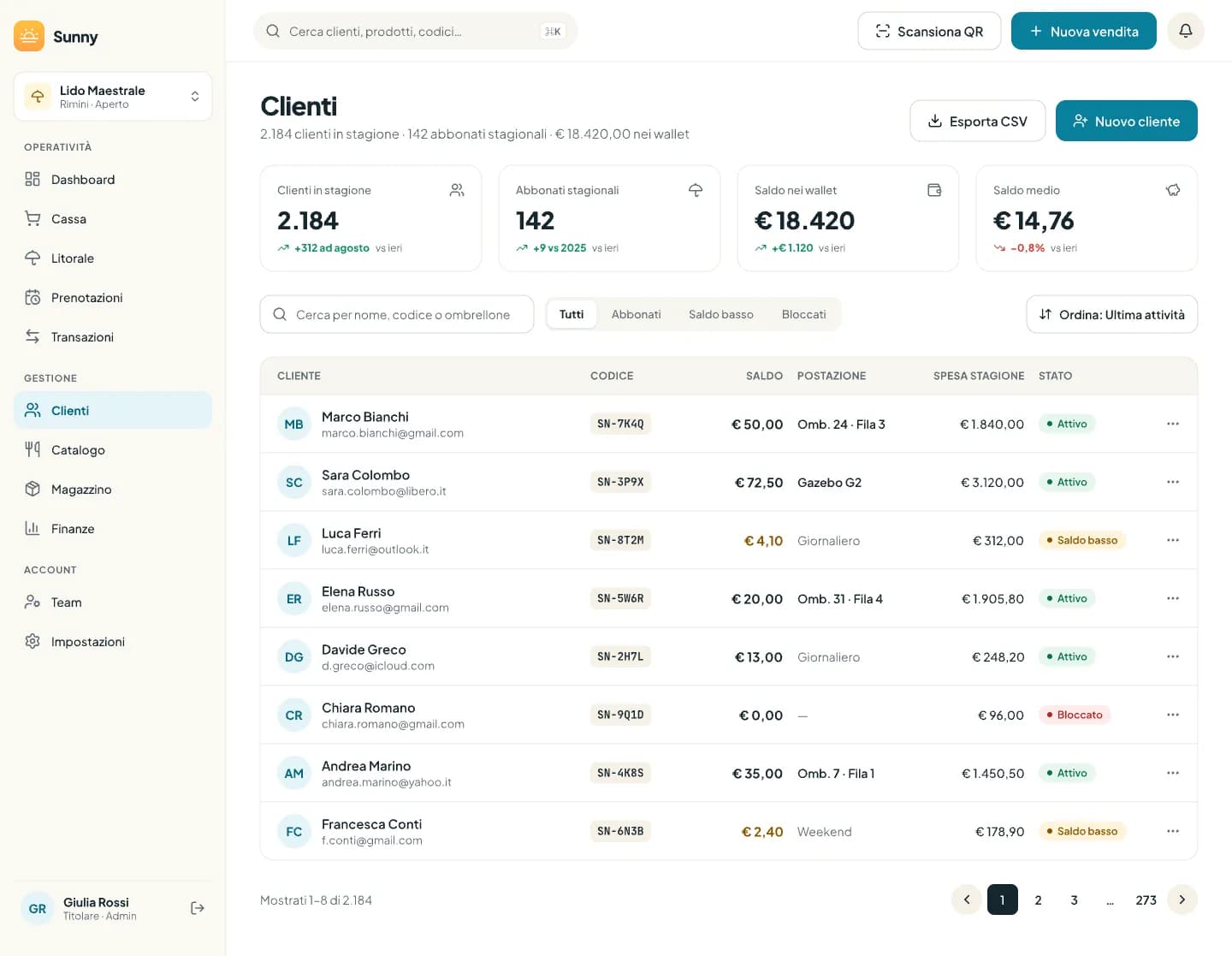 Elenco clienti da desktop con indicatori, ricerca, filtri e tabella