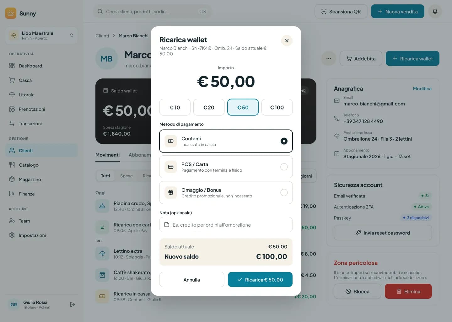 Finestra di ricarica manuale con importo, importi rapidi, metodo e riepilogo