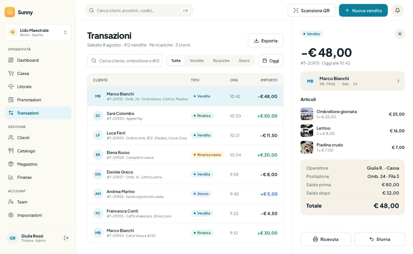 Registro delle transazioni su desktop con ricerca, filtri e dettaglio
