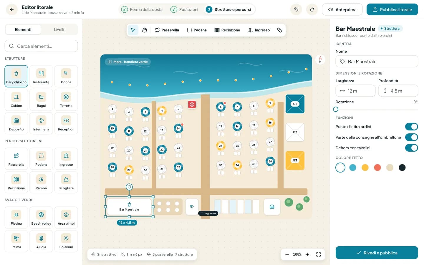 Editor del litorale al passo Strutture e percorsi con il bar selezionato e le sue proprietà