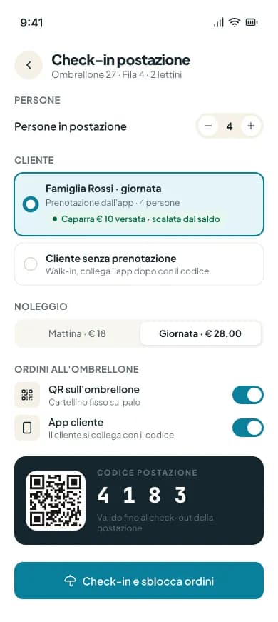 Check-in postazione da telefono con persone, cliente, noleggio e codice postazione