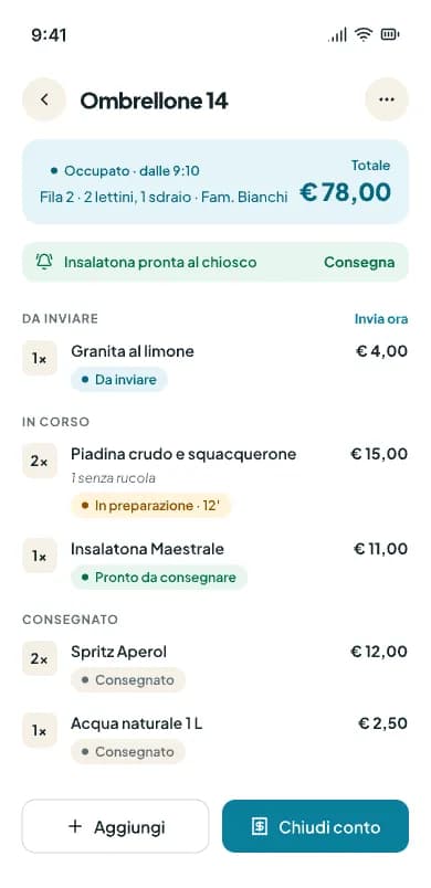Schermata di un ombrellone occupato da telefono con comanda e pulsanti Aggiungi e Chiudi conto