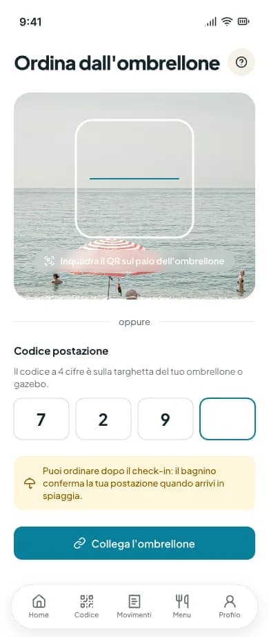 Schermata Ordina dall'ombrellone: riquadro per inquadrare il QR sul palo e, sotto, il campo Codice postazione a 4 cifre con il pulsante Collega l'ombrellone