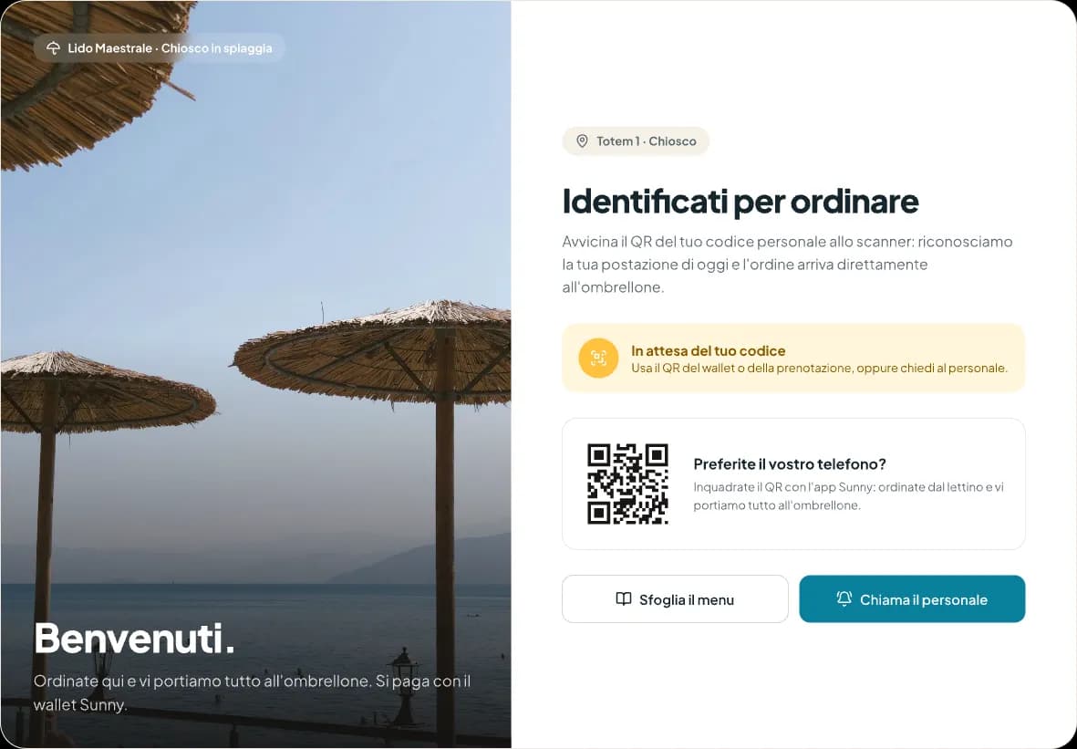 Schermata di attesa del totem: Benvenuti, Identificati per ordinare, campo per il codice, QR per usare l'app e i pulsanti Sfoglia il menu e Chiama il personale
