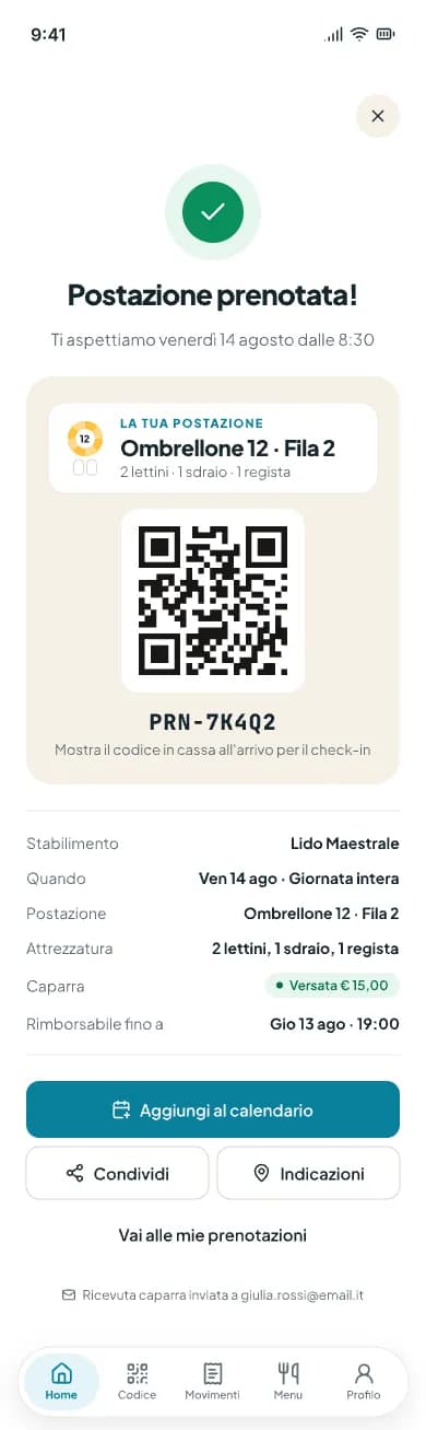 Schermata Postazione prenotata con codice QR, postazione e pulsanti per calendario e condivisione