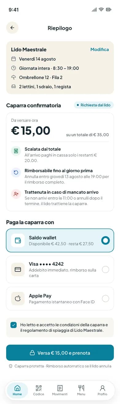 Riepilogo con caparra da versare, condizioni di rimborso e pagamento con il saldo wallet