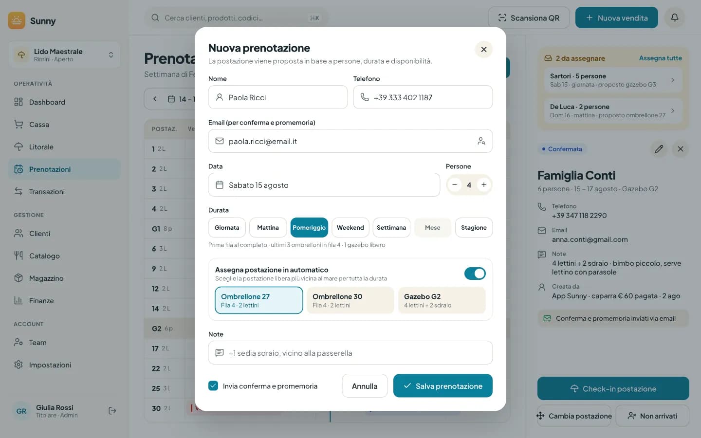 Finestra Nuova prenotazione con nome, telefono, email, data, persone, durata e postazioni proposte