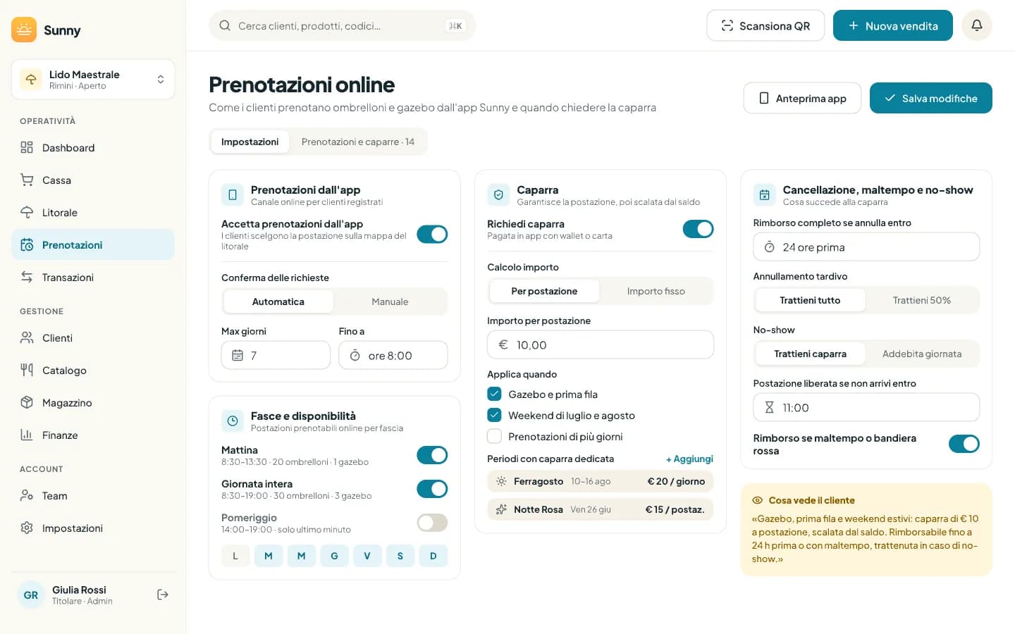 Impostazioni delle prenotazioni online: app, fasce, caparra, cancellazioni e testo per il cliente