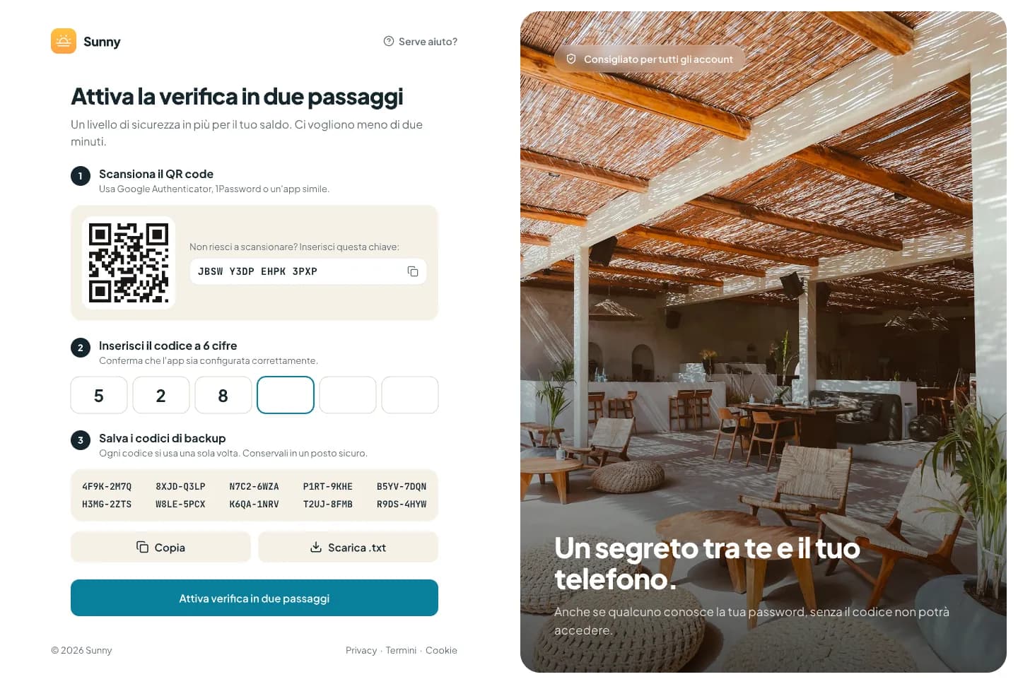 Schermata di attivazione della verifica in due passaggi con QR code, codice a 6 cifre e codici di backup