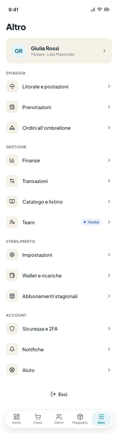 Menu Altro del gestionale sul telefono