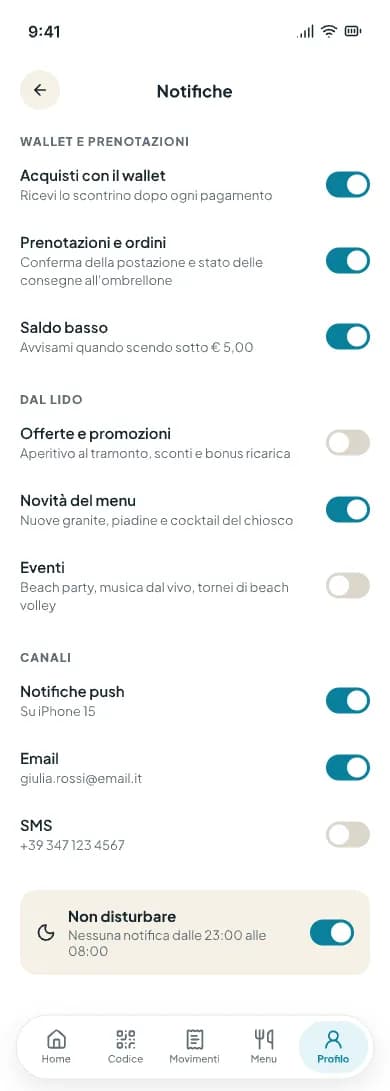 Schermata Notifiche con interruttori per wallet, prenotazioni, offerte e non disturbare