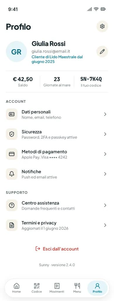 Pagina Profilo con saldo, giornate al mare, codice e voci del menu